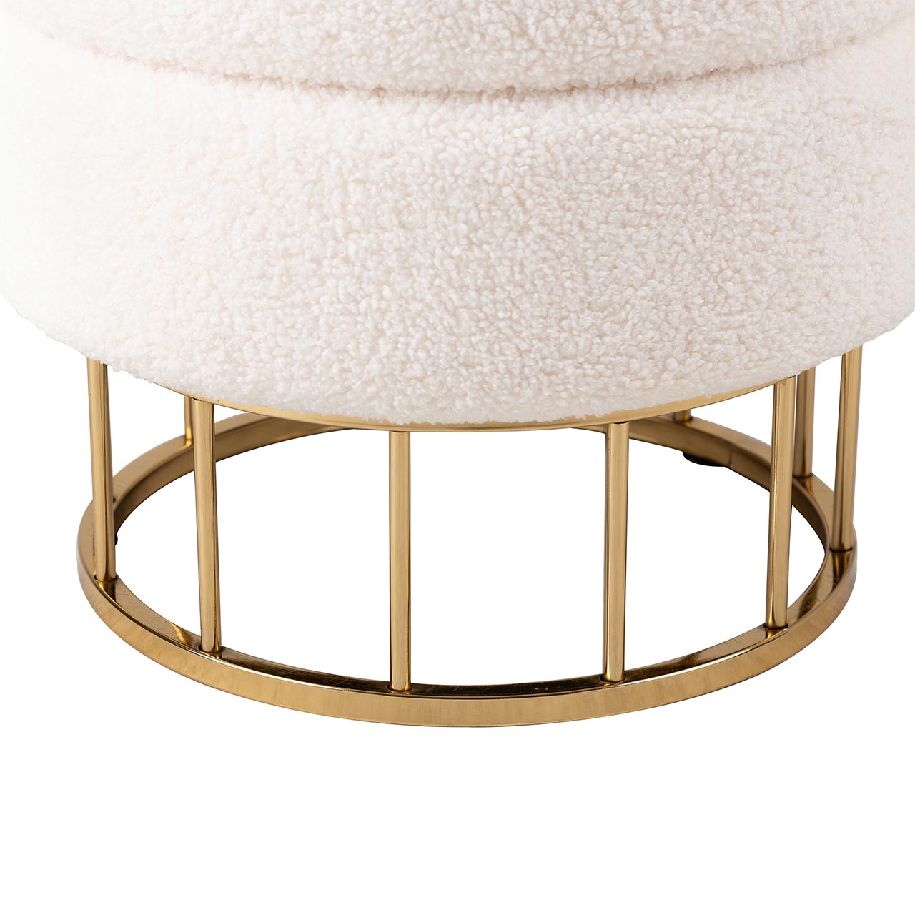 White Boucle Round Storage Stool with Gold Legs - KD