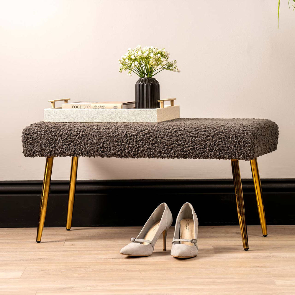 Charcoal Grey Boucle Bench with Gold Legs – Kd