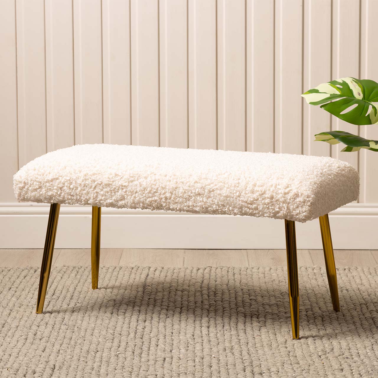 White Boucle Bench with Gold Legs - KD