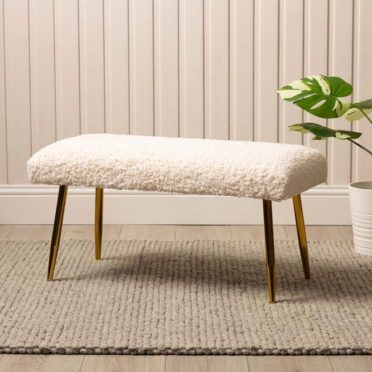 White Boucle Bench with Gold Legs - KD