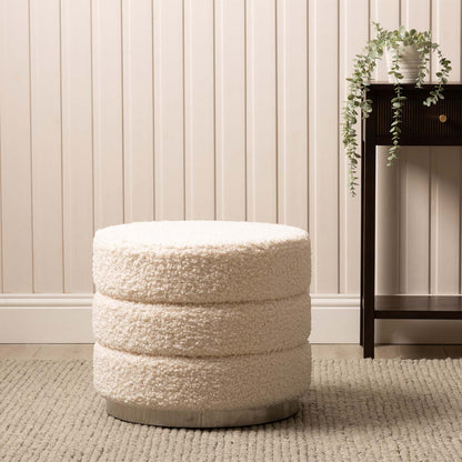 White Boucle Round Ottoman with Chrome Base