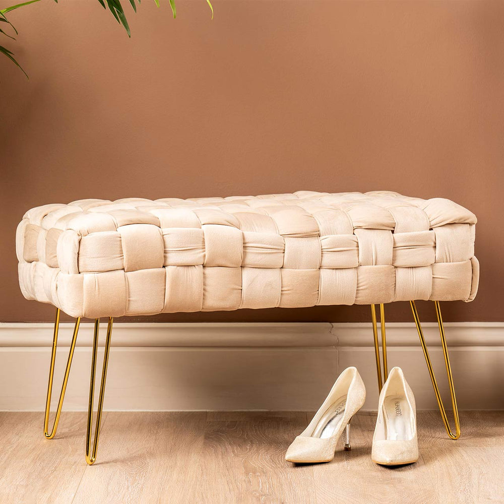 Dark Cream Velvet Woven Bench with Gold Legs – Kd