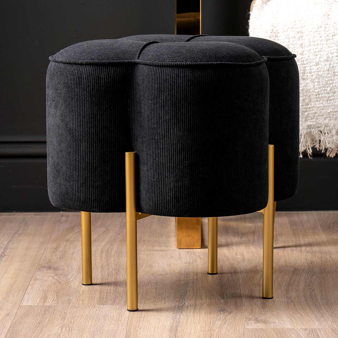 Black Velvet Clover Ottoman with Gold Legs