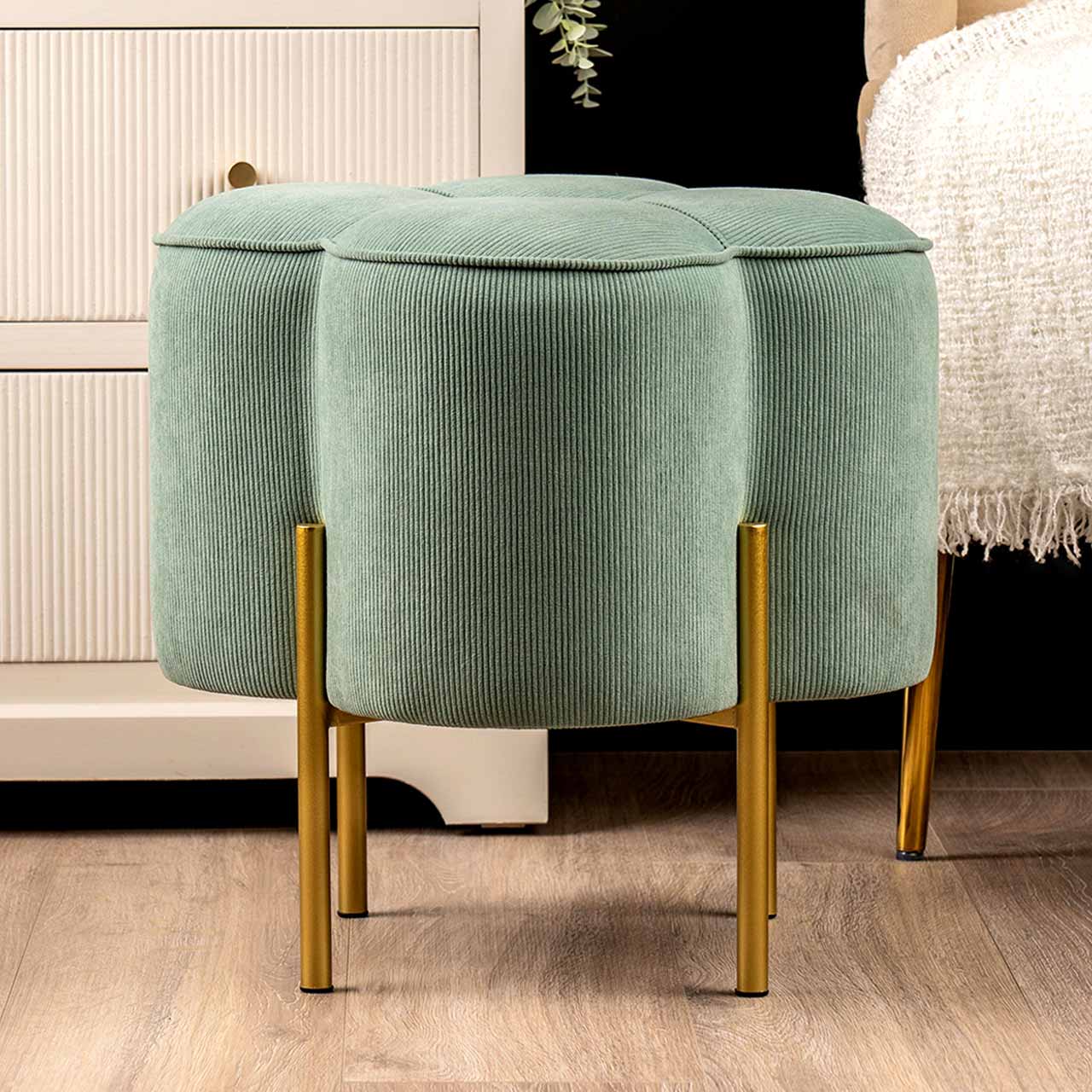 Aqua Blue Velvet Clover Ottoman with Gold Legs