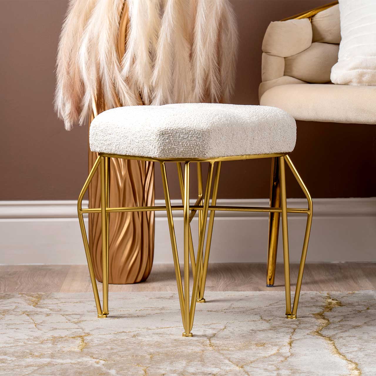 White Boucle Stool with Gold Legs