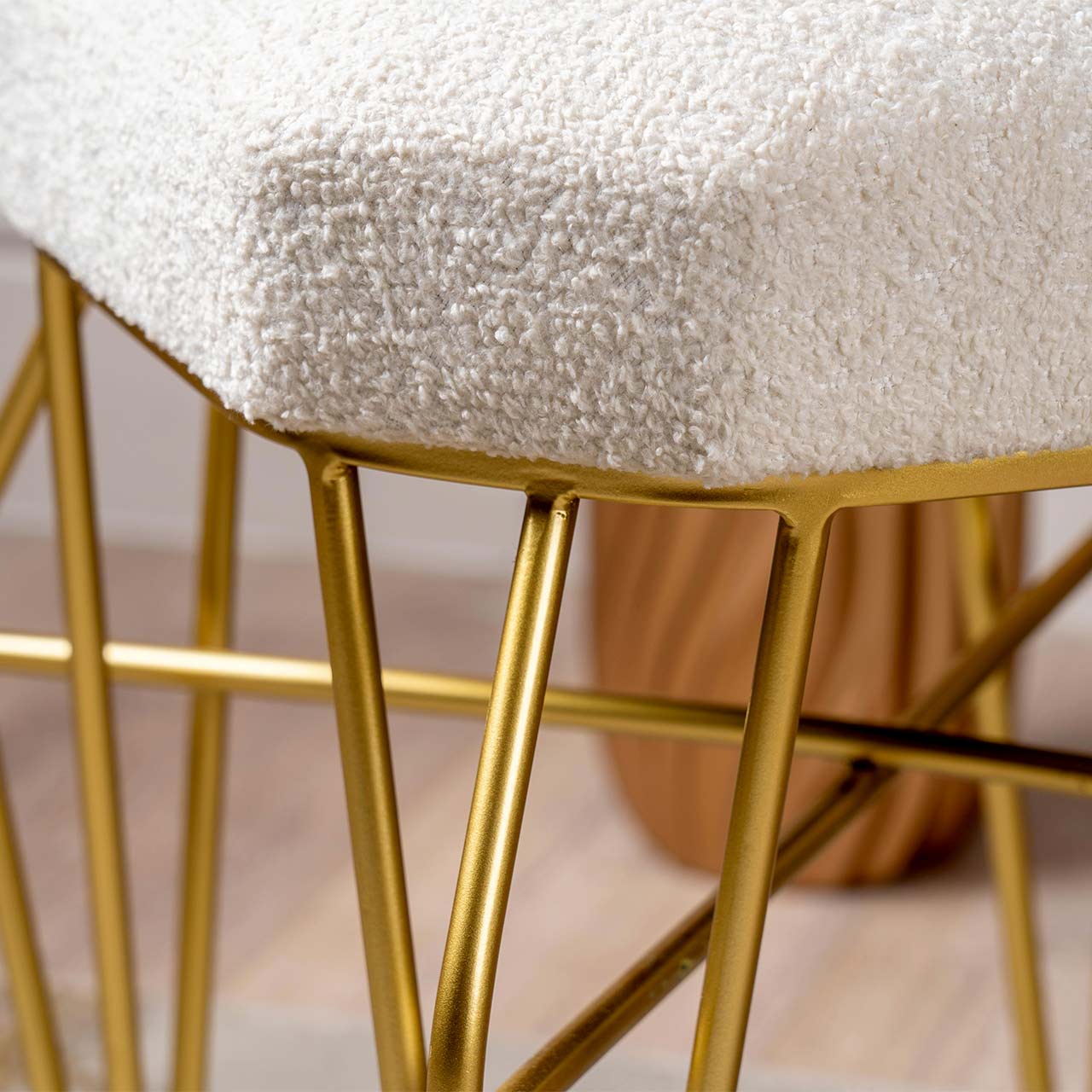 White Boucle Stool with Gold Legs