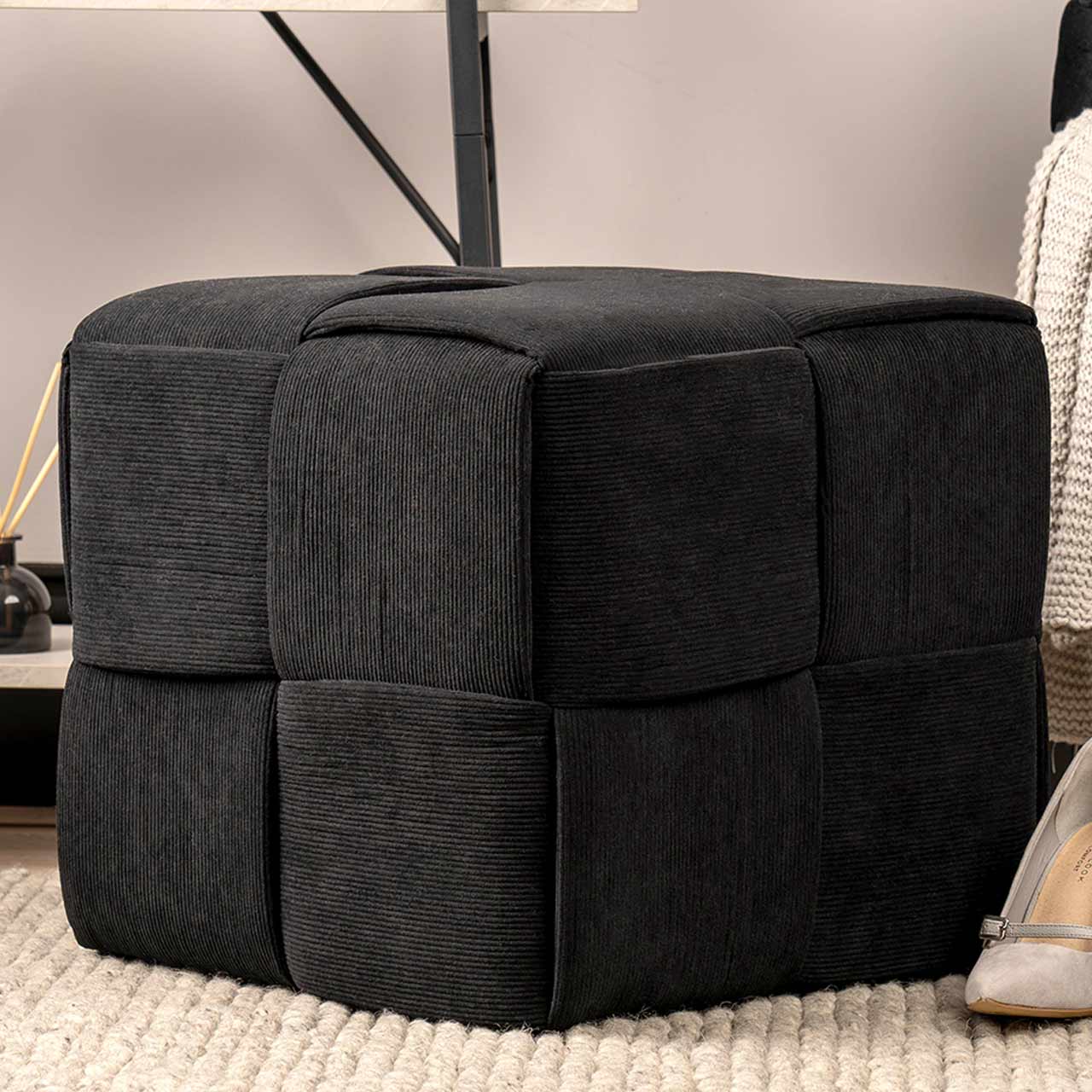 Black Velvet Square Woven Ottoman