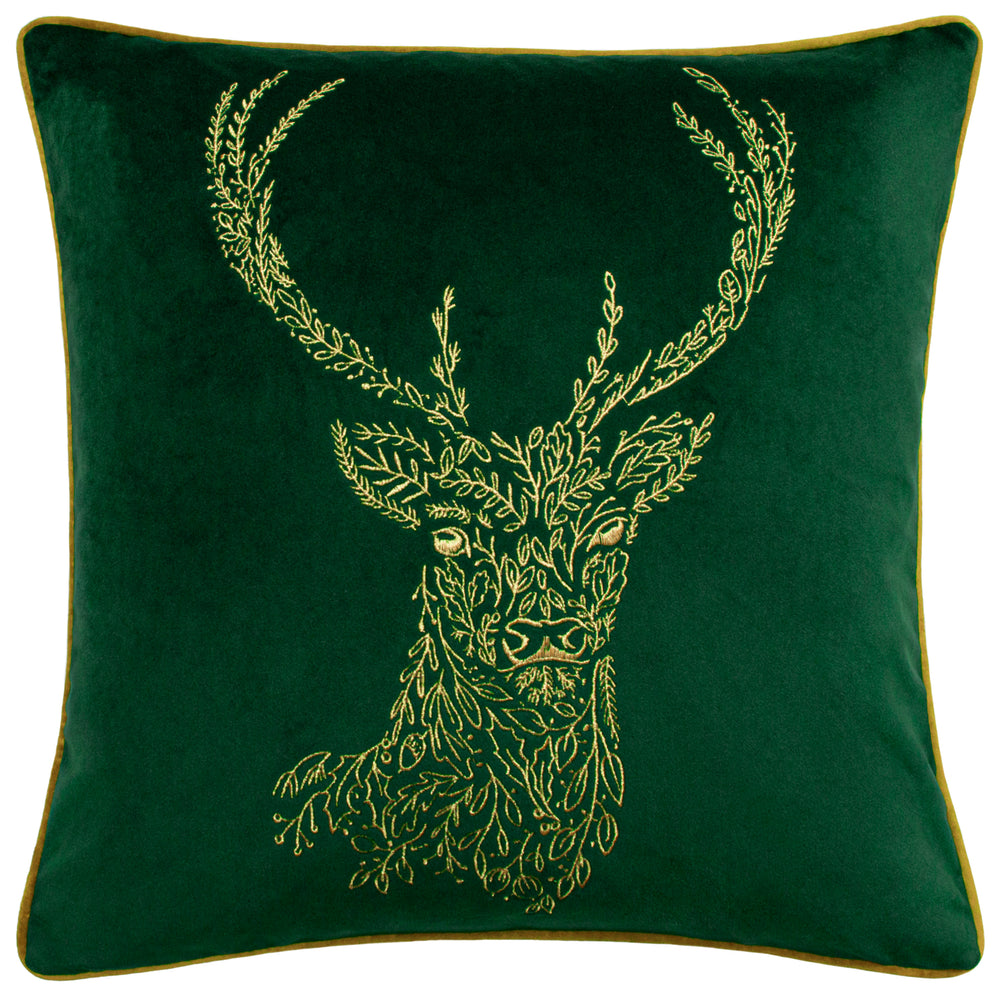 Forest Fauna Stag 50x50 Feather Filled Cushion Emerald/gold
