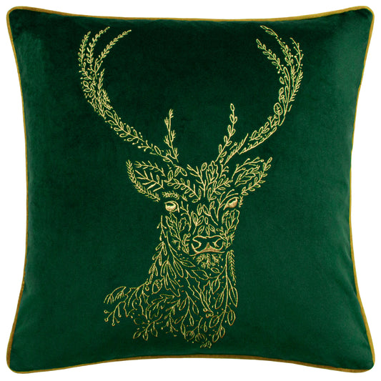 FOREST FAUNA STAG 50X50 FEATHER FILLED CUSHION EMERALD/GOLD
