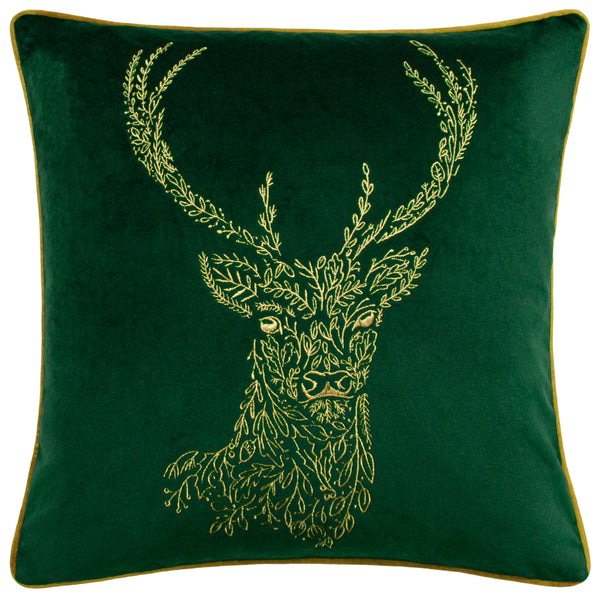 Forest Fauna Stag 50x50 Feather Filled Cushion Emerald/gold