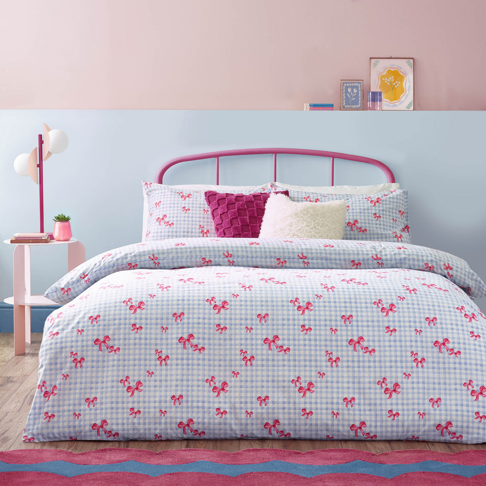 Gingham Bows King Size Duvet Set Blue