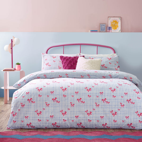Gingham Bows Super King Duvet Set Blue
