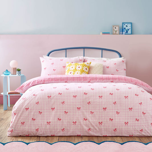 GINGHAM BOWS SUPER KING DUVET SET PINK