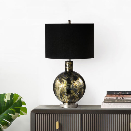 72cm Black Blue Silver Abstract Glass Table Lamp with Black Velvet Shade- E27 Dual Plug
