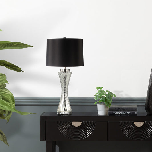 81.3cm Silver Twist Table Lamp with Black Satin Shade- Silver Ins- E27 Dual Plug