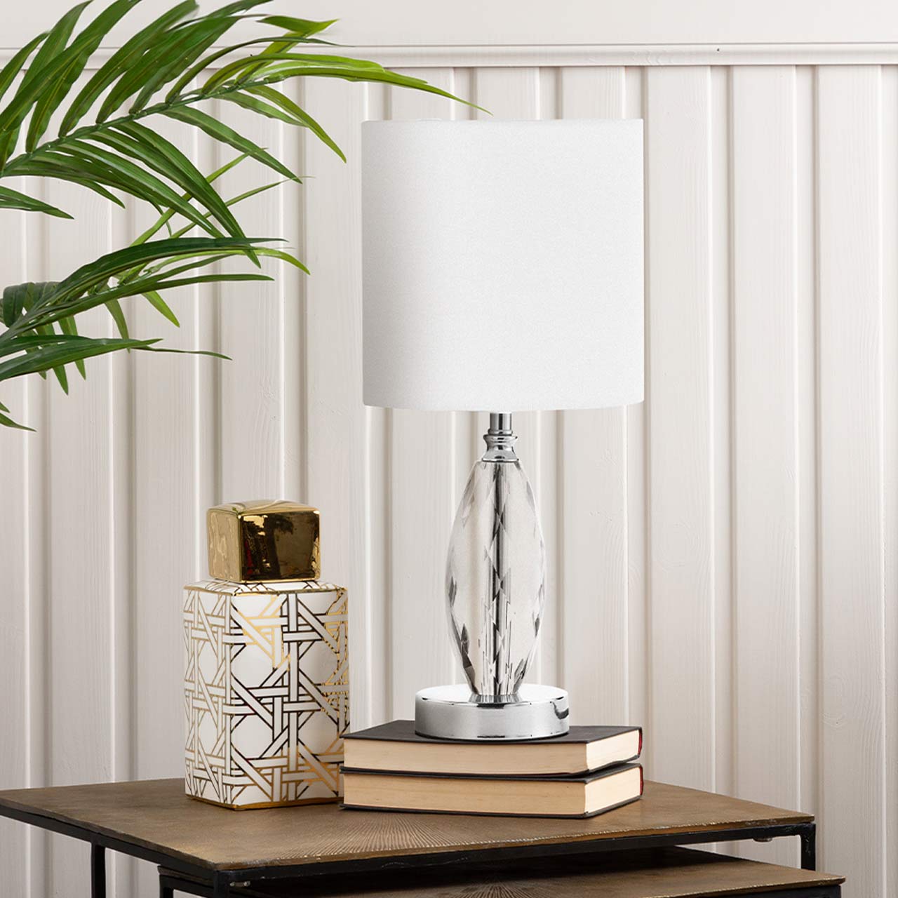 44.5cm Crystal Table Lamp with White Linen Shade - E27