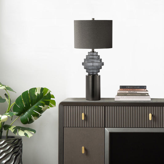 83.5cm Smoke Glass Table Lamp with Grey Linen Shade - E27