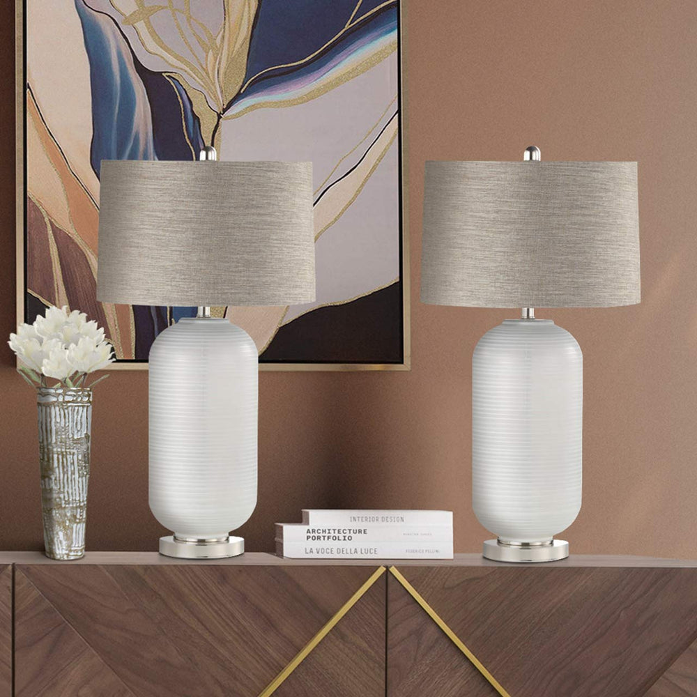 77.5cm Grey Stripe Glass Table Lamp with Brown Linen Shade – E27