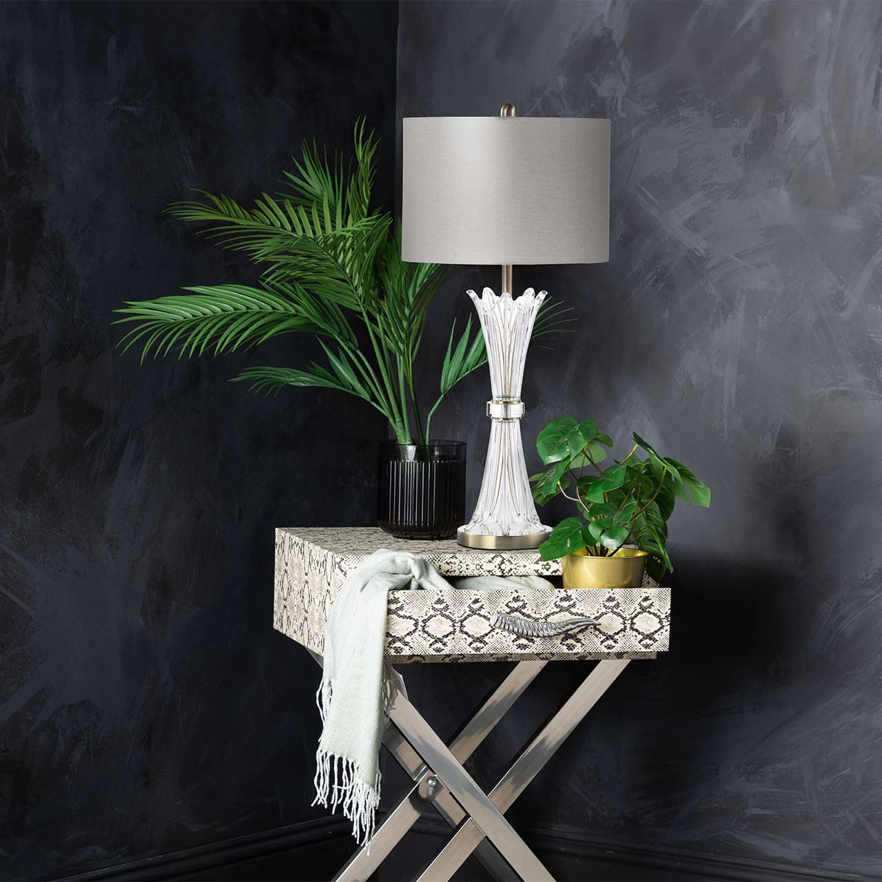 81.5cm Crystal Table Lamp with Grey Linen Shade - E27