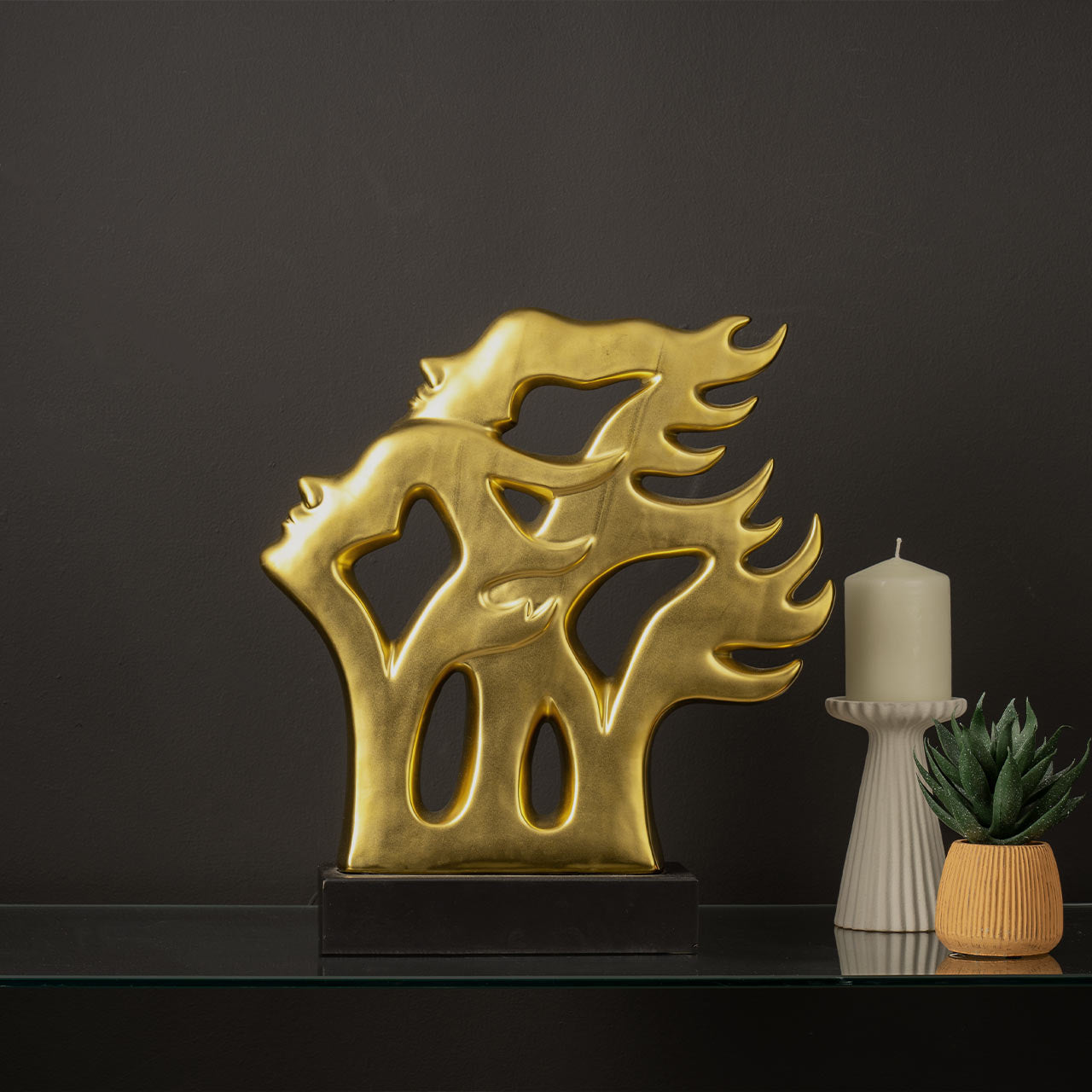 41cm Matte Gold 3 Faces Sculpture On Black Stand