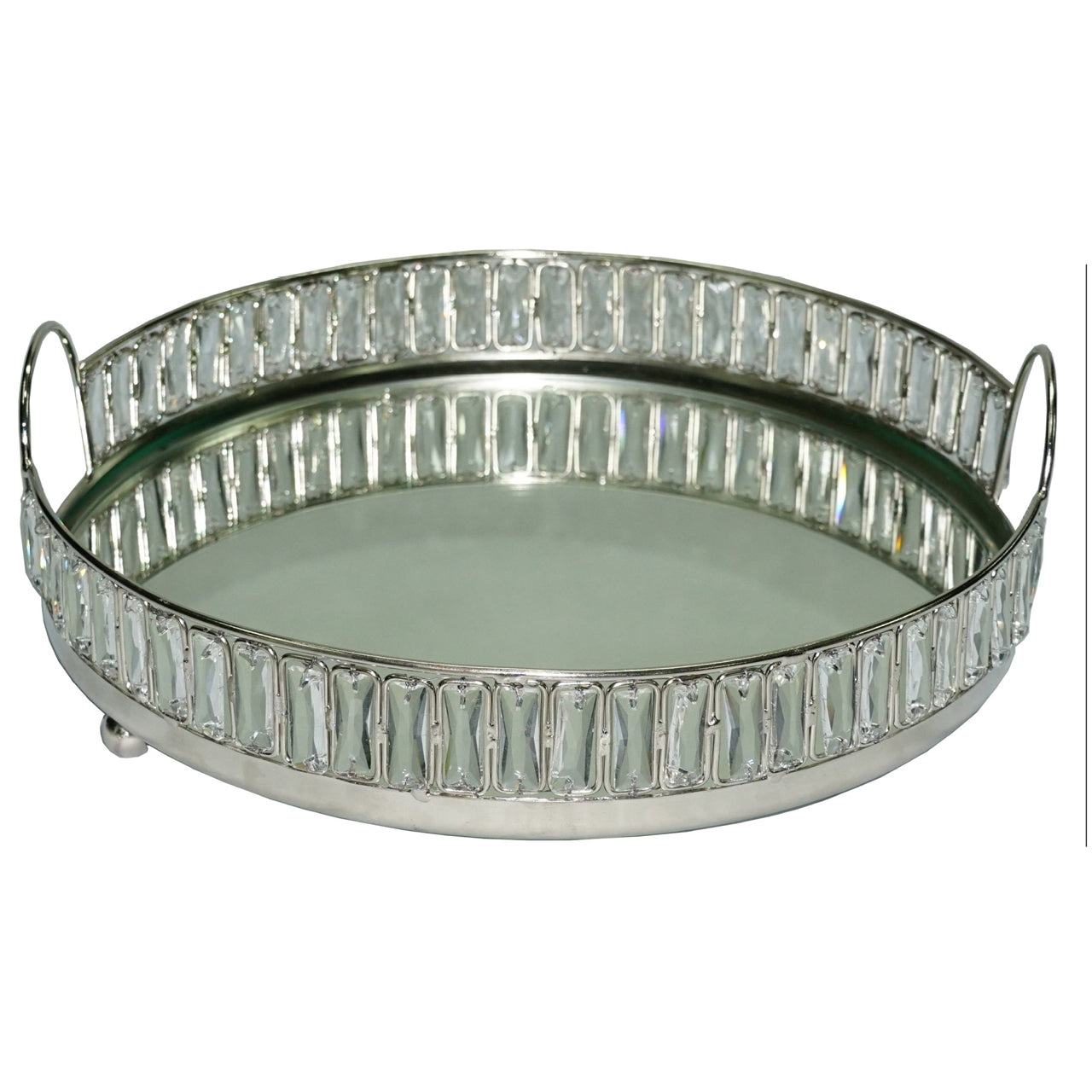 30.5cm Round Crystal And Mirror Tray Nickel