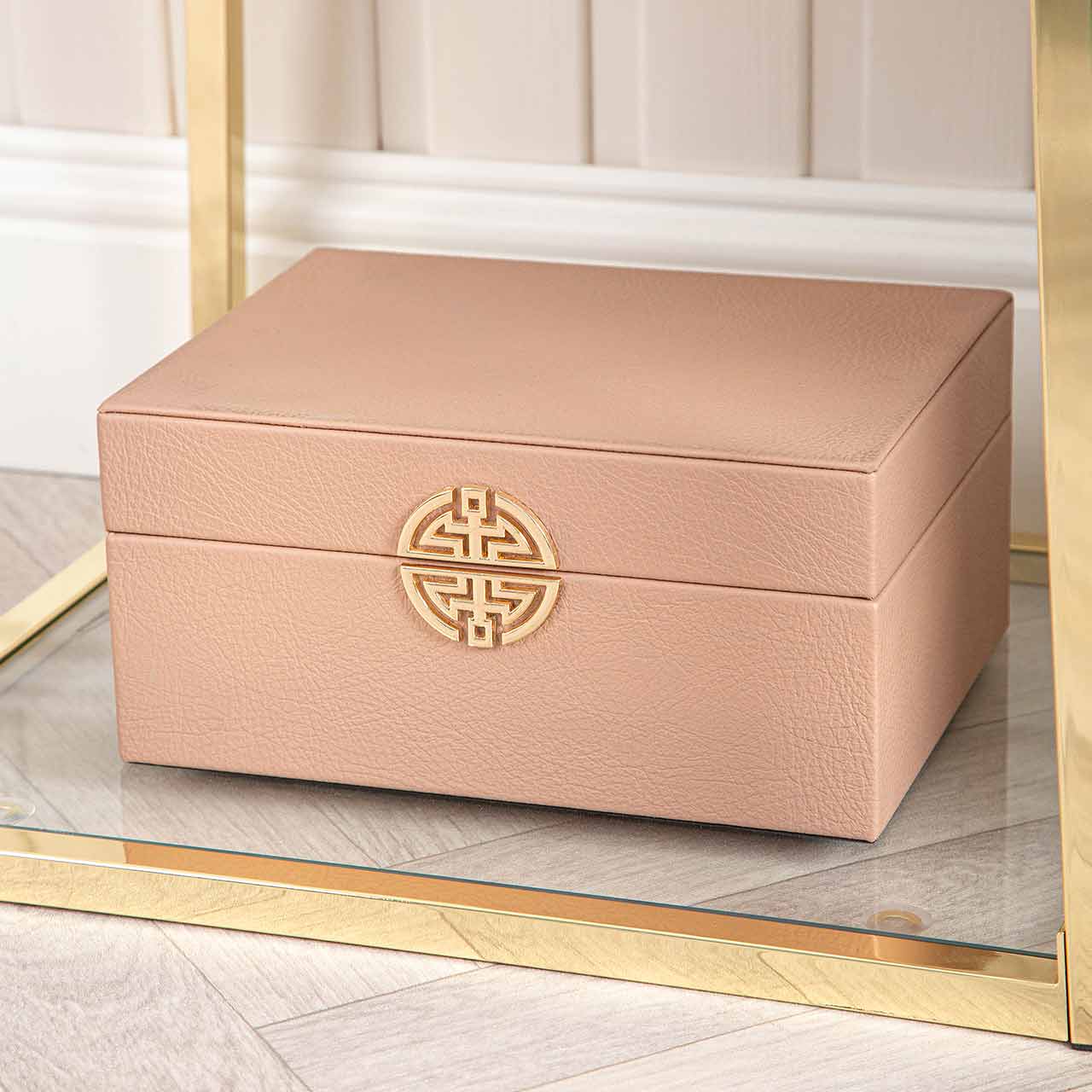 Set Of 2 Faux Lthr Jewellery Boxes Rose Pink Gold Handle
