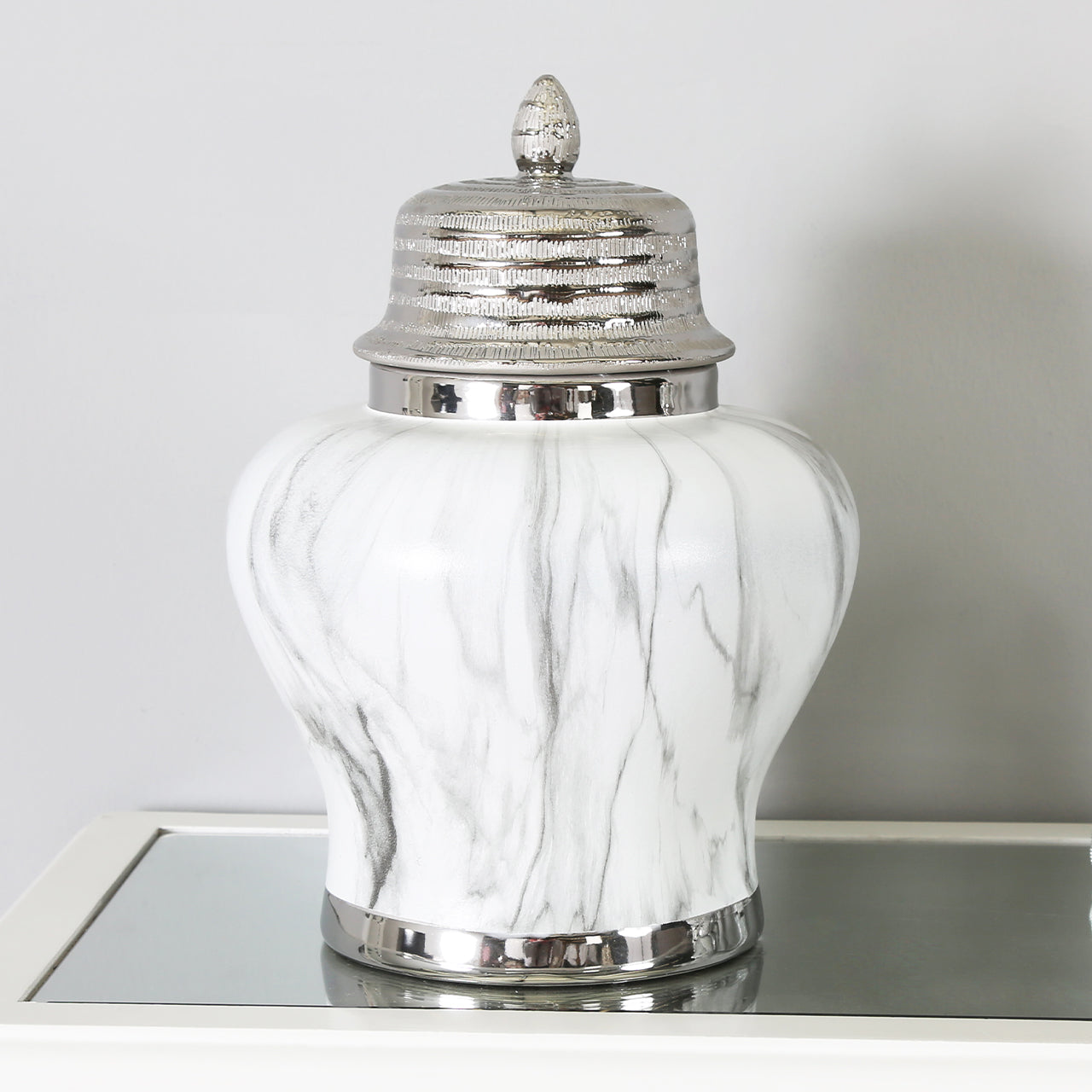 41cm White Marble And Silver Ginger Jar