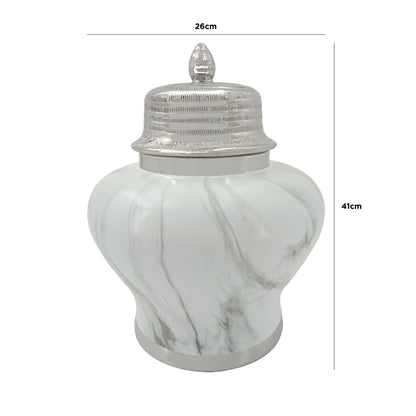 41cm White Marble And Silver Ginger Jar