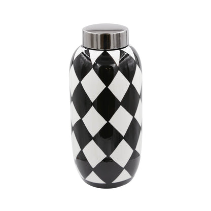 38.1cm Black and White Ginger Jar With Chrome Top