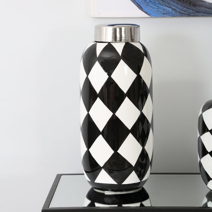 38.1cm Black and White Ginger Jar With Chrome Top