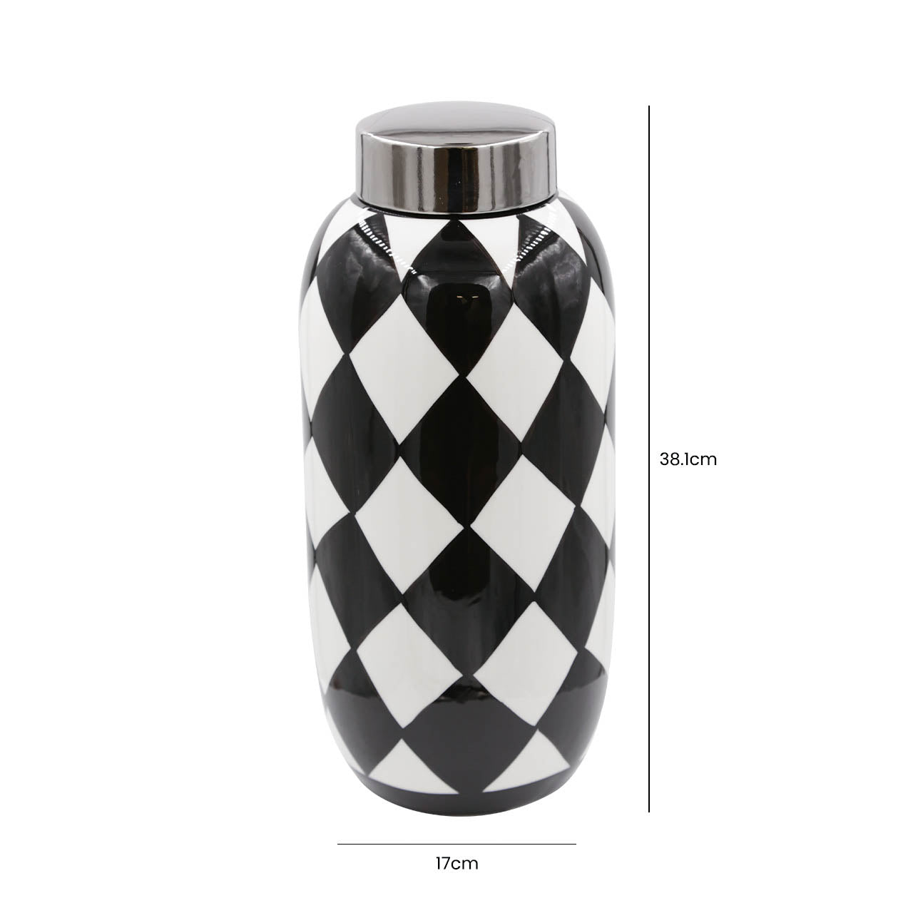 38.1cm Black and White Ginger Jar With Chrome Top