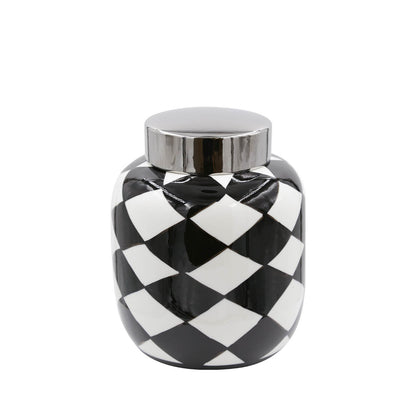 26cm Black and White Ginger Jar With Chrome Top