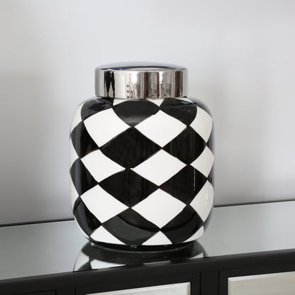 26cm Black and White Ginger Jar With Chrome Top