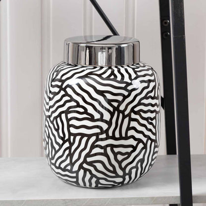 26cm Black and White Ginger Jar With Chrome Top