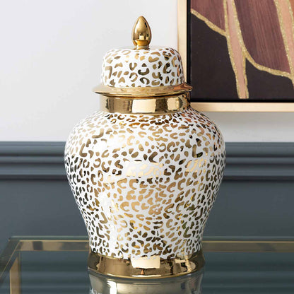 40cm White and Gold Leopard Print Ginger Jar