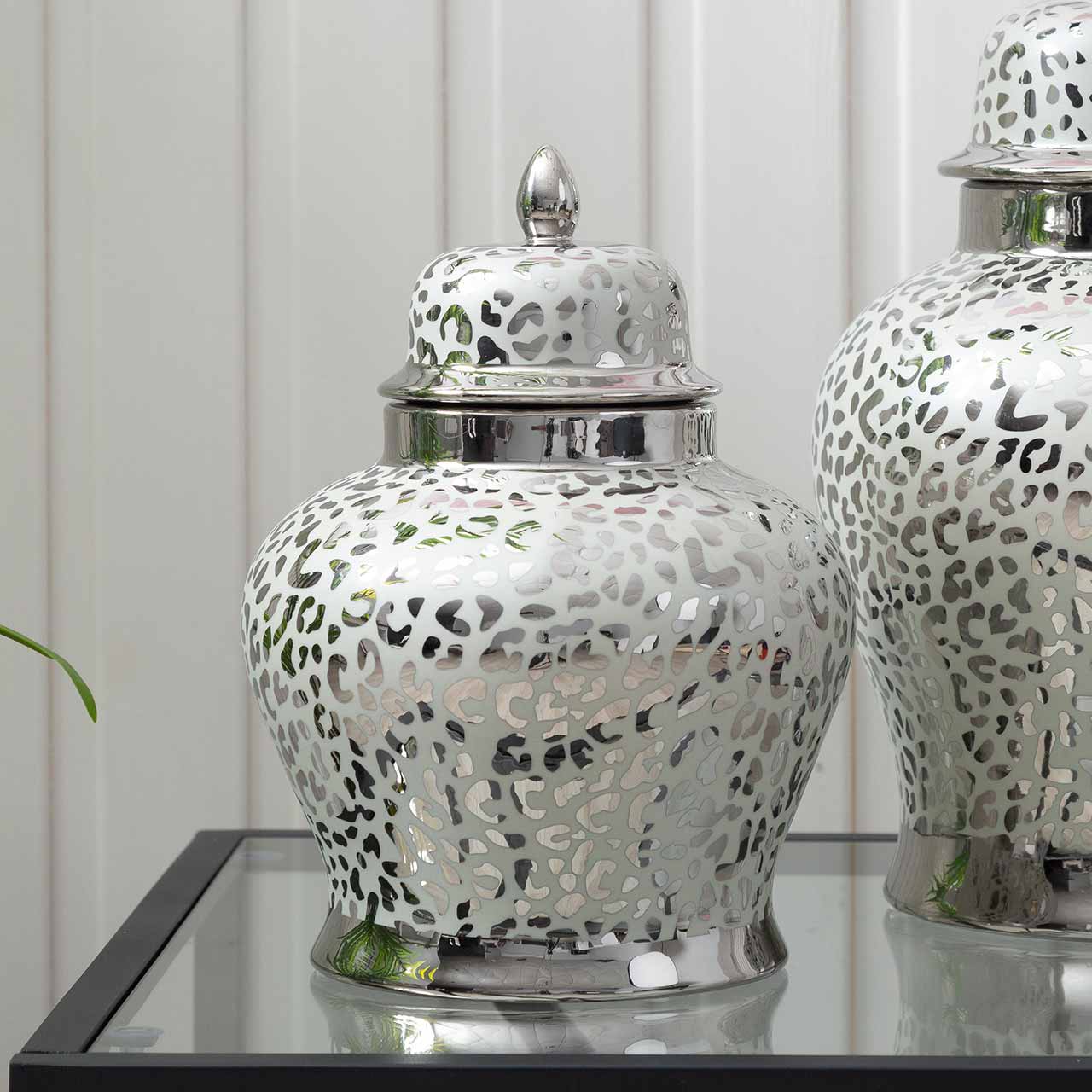 30cm Grey and Silver Leopard Print Ginger Jar