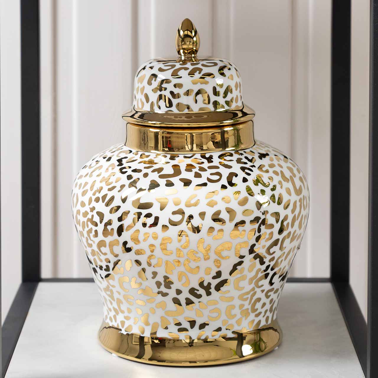 30cm White and Gold Leopard Print Ginger Jar