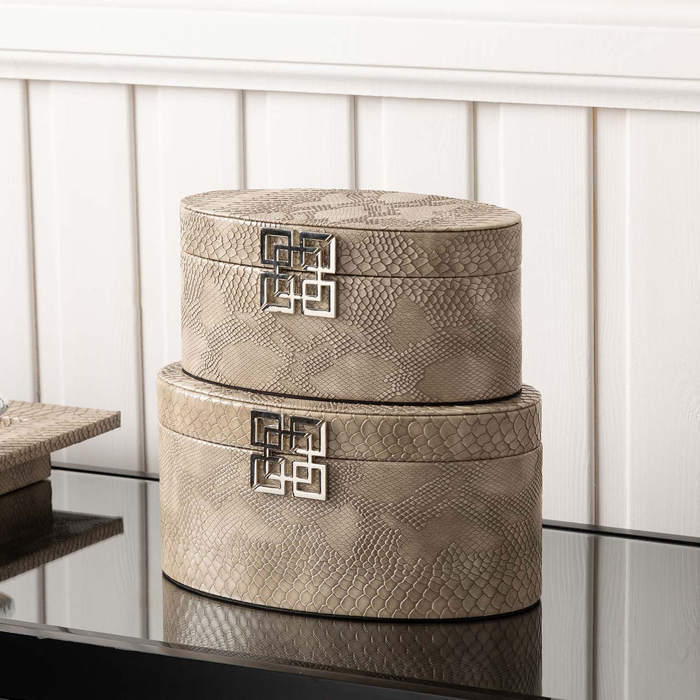 Set of 2 Taupe Faux Snake Leather Oval Jewellery Boxes
