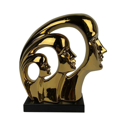 32cm Gold 3 Faces Sculpture On Black Stand