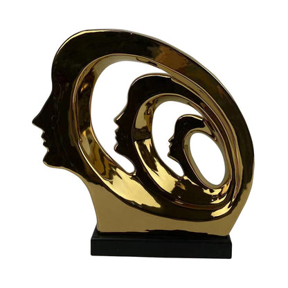 32cm Gold 3 Faces Sculpture On Black Stand