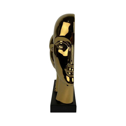 32cm Gold 3 Faces Sculpture On Black Stand