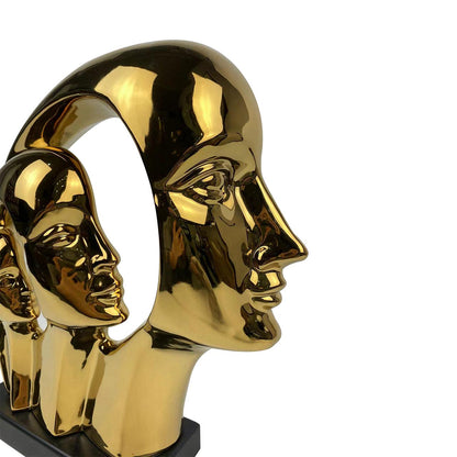 32cm Gold 3 Faces Sculpture On Black Stand