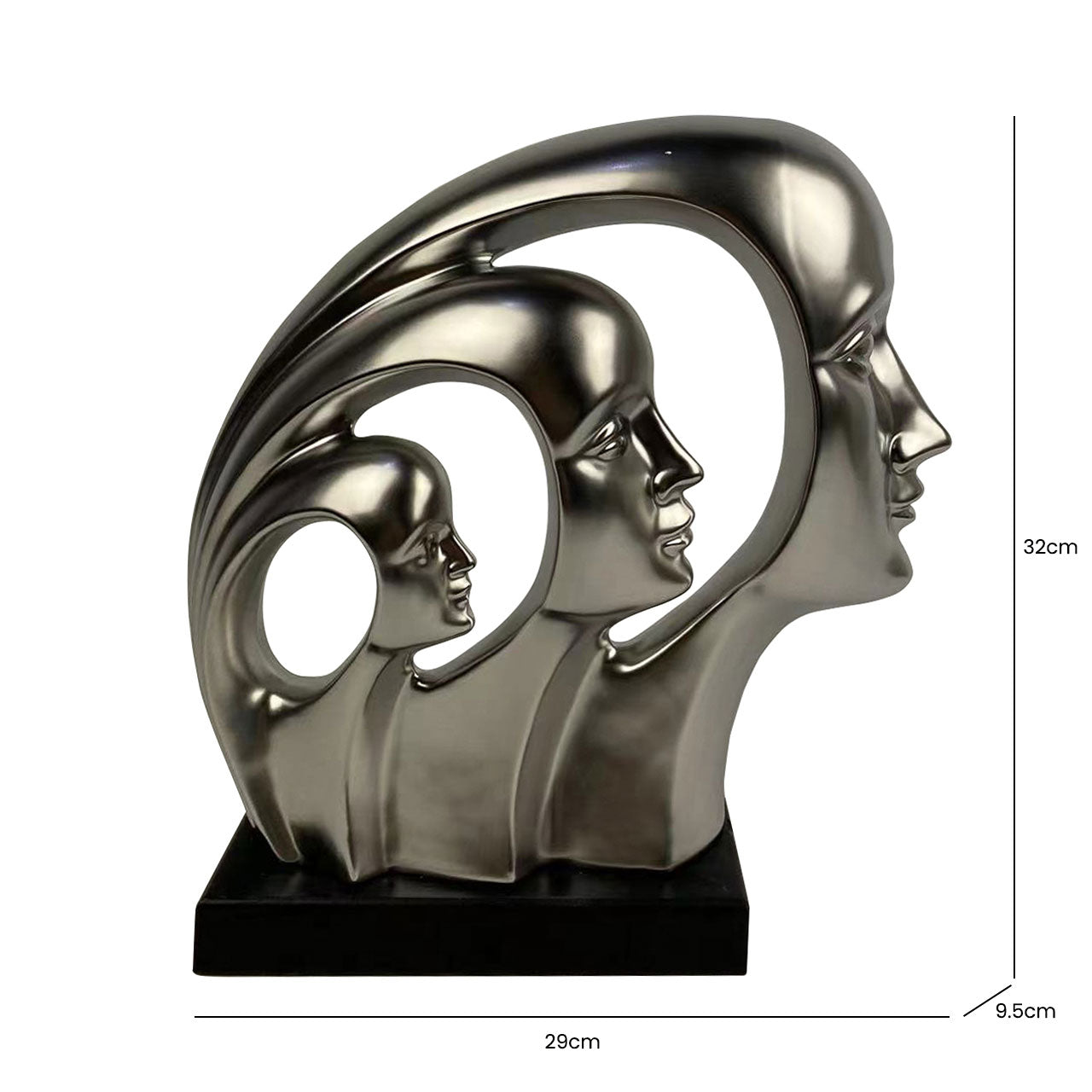 32cm Matte Silver 3 Faces Sculpture On Black Stand