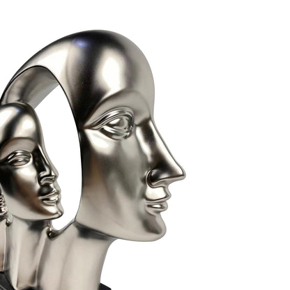 32cm Matte Silver 3 Faces Sculpture On Black Stand