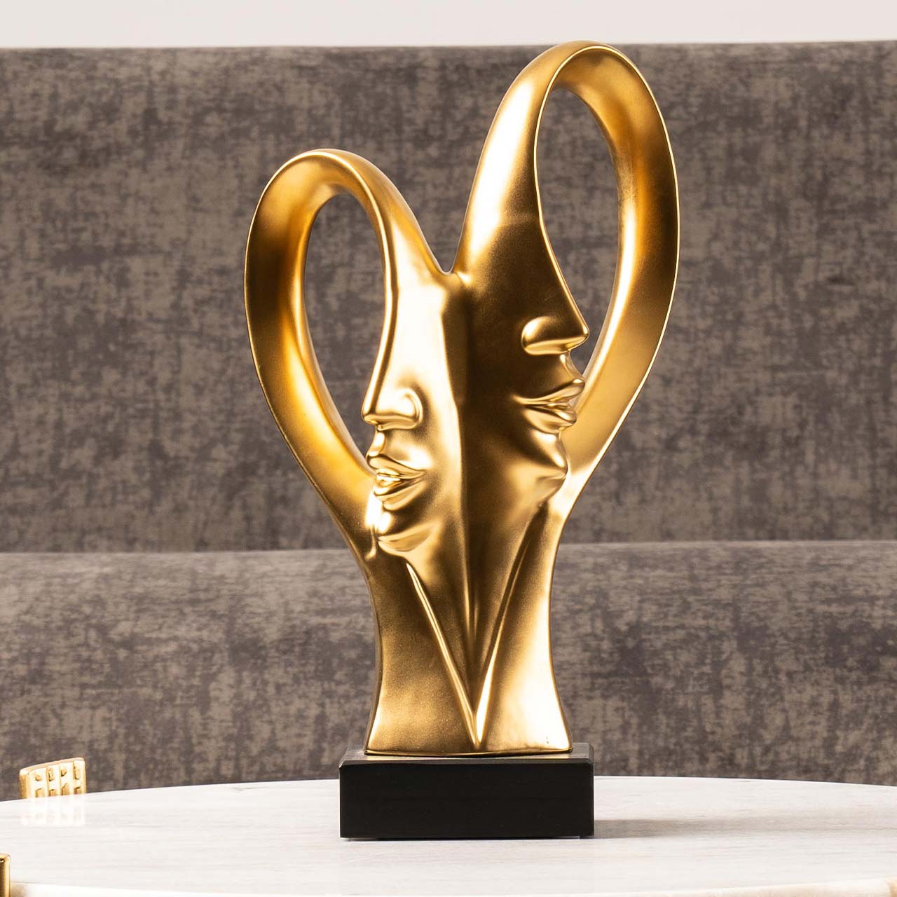 37.5cm Matte Gold 2 Faces Sculpture on Black Stand