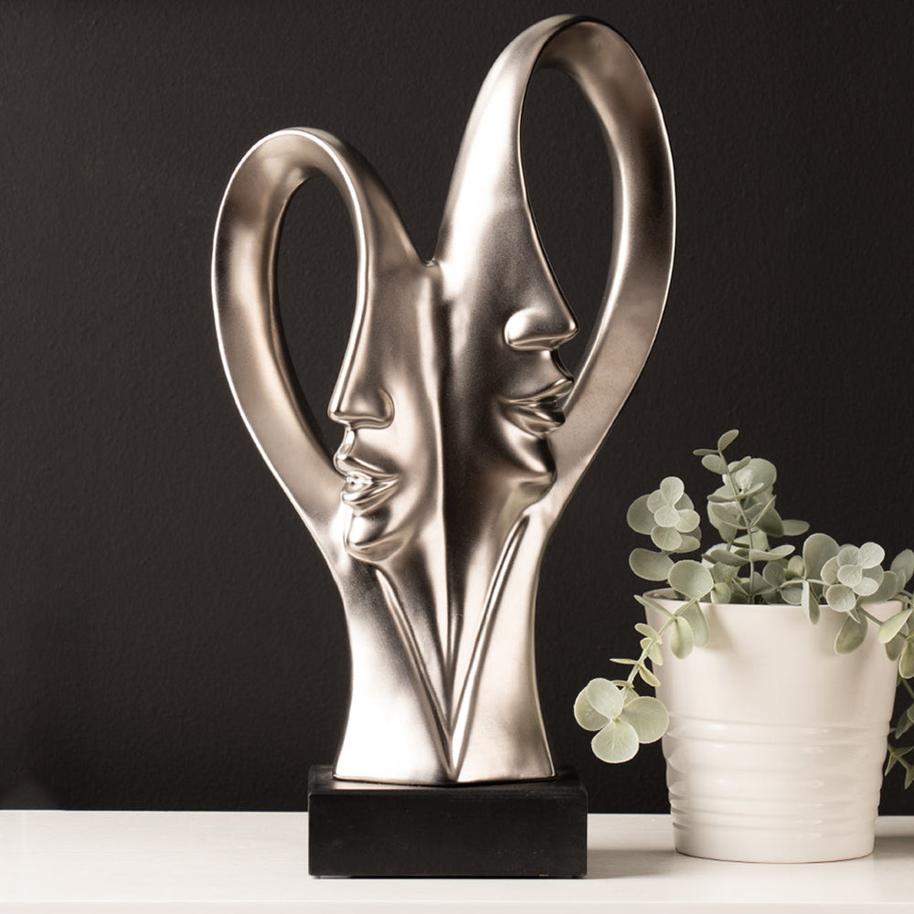37.5cm Matte Silver 2 Faces Sculpture on Black Stand