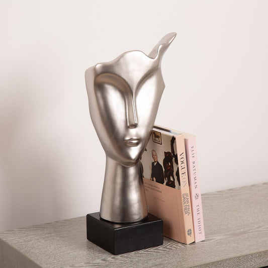 40.5cm Matte Silver Face Sculpture on Black Stand