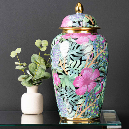 43cm Green and Pink Palm Leaves Design Ginger Jar