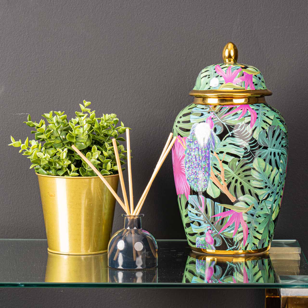 32.8cm Green and Pink Palm Leaves Design Ginger Jar