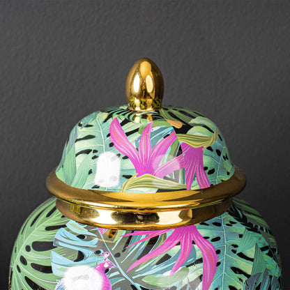 32.8cm Green and Pink Palm Leaves Design Ginger Jar